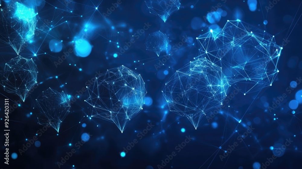 Poster dark blue abstract banner with glowing speech bubbles and polygonal patterns. perfect for communicat