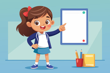 Set of elementary school student little girl character. Schoolgirl shows a gesture cool, poses, points to a blank poster, writes in a notebook, shrugs
