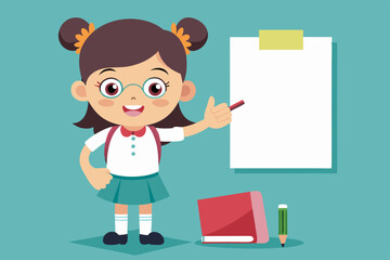 Set of elementary school student little girl character. Schoolgirl shows a gesture cool, poses, points to a blank poster, writes in a notebook, shrugs
