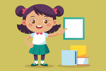 Set of elementary school student little girl character. Schoolgirl shows a gesture cool, poses, points to a blank poster, writes in a notebook, shrugs

