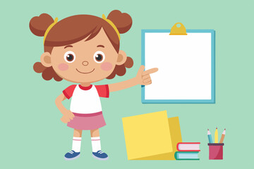 Set of elementary school student little girl character. Schoolgirl shows a gesture cool, poses, points to a blank poster, writes in a notebook, shrugs
