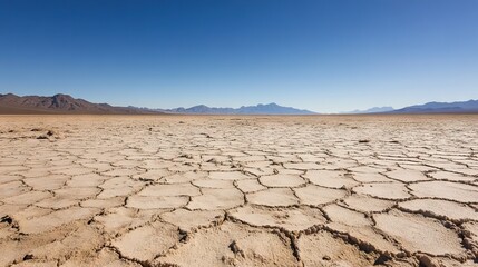 Vast, Desolate Landscape of Cracked Earth and Salt Flats with Distant Mountains and a Cloudless Sky. AI generated illustration