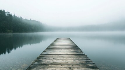 Fototapeta premium Weathered Wooden Pier Extending into a Foggy Lake with Calm Waters and Dense Forest Barely Visible in the Distance. AI generated illustration