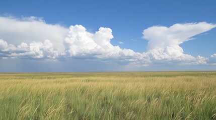 Obraz premium Wide-Open Prairie with Tall Grasses Waving in the Wind, Under a Vast Sky Filled with Towering Cumulus Clouds and Distant Thunder. AI generated illustration