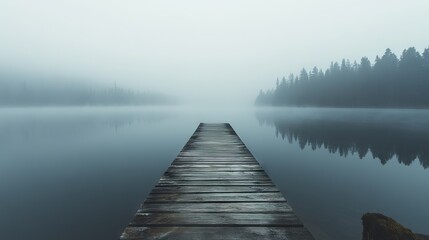 Fototapeta premium Weathered Wooden Pier Extending into a Foggy Lake with Calm Waters and Dense Forest Barely Visible in the Distance. AI generated illustration