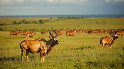 Fototapeta premium Herds of eland, the largest African antelope, roam the expansive plains of Kenya, grazing peacefully on grasses and leaves. --ar 16:9 --v 6.1 Job ID: 17acb2ff-a5c2-4d51-ad53-40a405329fc9