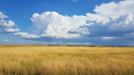 Obraz premium Wide-Open Prairie with Tall Grasses Waving in the Wind, Under a Vast Sky Filled with Towering Cumulus Clouds and Distant Thunder. AI generated illustration