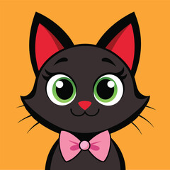 smile black cat with pink bow red ears light green eyes