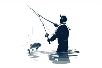 Obraz premium Fisherman at Peaceful Mountain Lake and vector silhouette