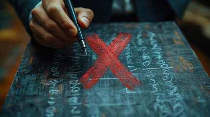 Businessman marking a red X on a chalkboard, symbolizing rejection or mistake. Decision-making in business strategy.