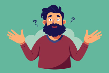 Bearded man emotionally spreads his hands. Question what's going on or why? Vector illustration
