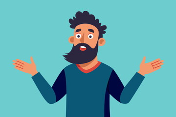 Bearded man emotionally spreads his hands. Question what's going on or why? Vector illustration

