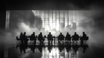 Office team meeting in a large modern conference room with misty city skyline in the background. Corporate discussion atmosphere.