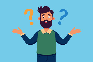 Bearded man emotionally spreads his hands. Question what's going on or why? Vector illustration
