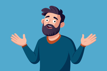 Bearded man emotionally spreads his hands. Question what's going on or why? Vector illustration
