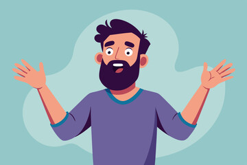 Bearded man emotionally spreads his hands. Question what's going on or why? Vector illustration
