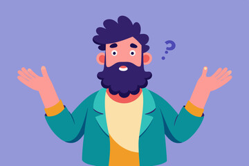 Bearded man emotionally spreads his hands. Question what's going on or why? Vector illustration
