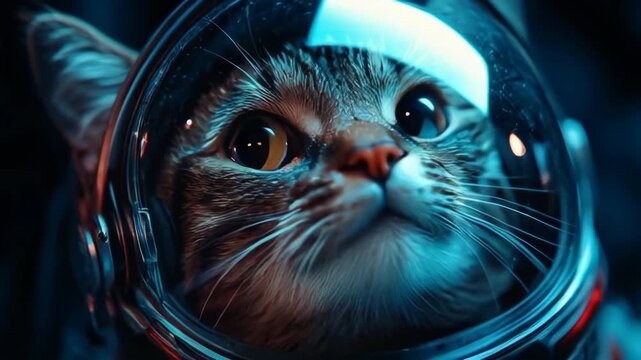 Curious cat in a space helmet gazing at stars with wonder. Space exploration concept