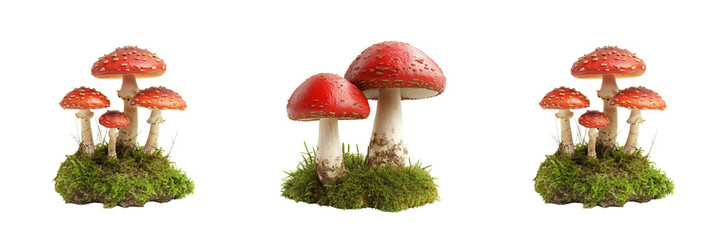 Obraz premium Mushrooms and green moss isolated on white background Mushrooms and Nature Concept 