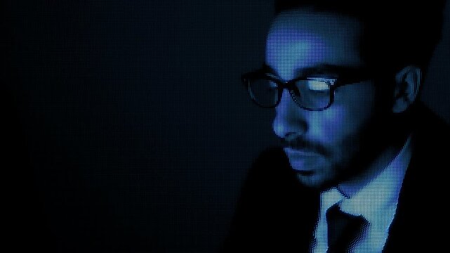 A man's face expressed with digital dot patterns