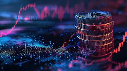 A 3D digital coin stack surrounded by flowing data streams, symbolizing digital wealth management