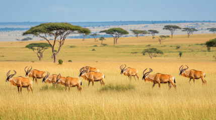 Naklejka premium Herds of eland, the largest African antelope, roam the expansive plains of Kenya, grazing peacefully on grasses and leaves. --ar 16:9 --v 6.1 Job ID: 17acb2ff-a5c2-4d51-ad53-40a405329fc9