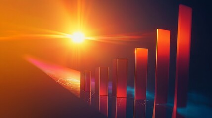A 3D financial bar chart rising towards a glowing light, symbolizing upward financial trends
