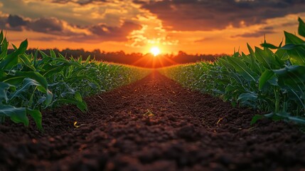 Rural countryside road between cornfields at sunset, vibrant colors highlighting the peaceful agricultural landscape, symbolizing growth and harvest