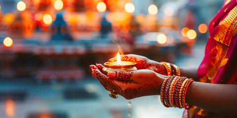 Fototapeta premium An Indian woman with a candle in her hand. The woman is wearing a red sari.