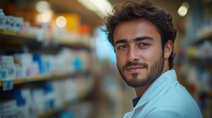 Fototapeta premium A young pharmacist confidently glances over his shoulder in a well-lit pharmacy aisle.