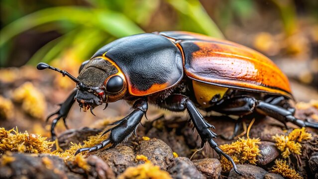 A close-up shot of a giant carrion beetle, also known as a burying beetle, on a decaying carcass, showcasing its shiny black and orange body.