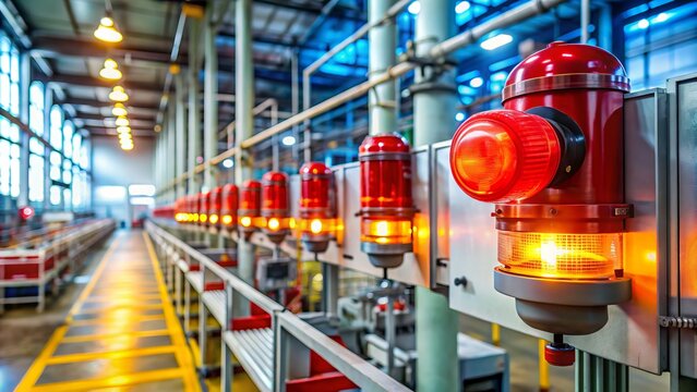 A close-up shot of a industrial alarm system with flashing red lights, sirens, and warning signs indicating potential hazard or emergency situation in a factory.