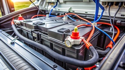A close-up shot of a truck battery, terminals clean and wires connected, sitting in the engine compartment of a rugged commercial vehicle.
