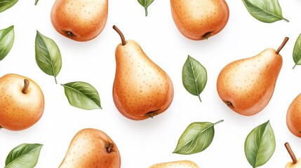 Obraz premium Close up cartoon pears and leaves on a white background. Pear fruit texture