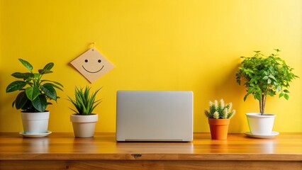a clutter-free desk with laptop and notebook, surrounded by plants, against a bright yellow wall with a big smiley face sticker.