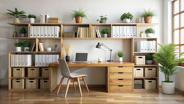 A clutter-free home office with a wooden desk, a few books, and a few storage boxes stacked neatly against a white wall background.