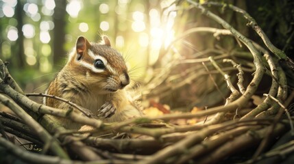Obraz premium A charming chipmunk nestled in a nest among twigs, illuminated by soft sunlight, capturing a serene moment in nature.