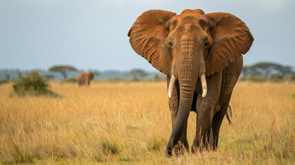Fototapeta premium African Elephant in the Savanna Walking Majestically Through the Wild Landscape in Africa