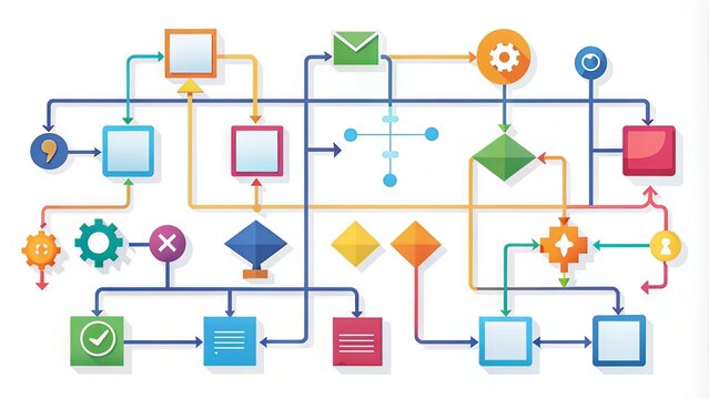 A colorful illustration of a complex decision-making process represented by a flowchart with multiple arrows, boxes, and icons on a white background.