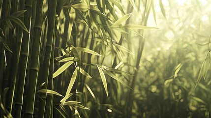 Lush Bamboo Thicket with Tall Stalks Swaying in the Breeze and Sunlight Filtering Through the Leaves. AI generated illustration