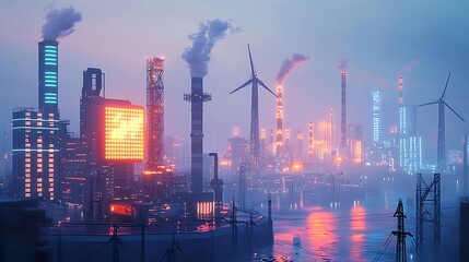 Fototapeta premium A futuristic energy hub with neon-lit power plants and advanced renewable energy sources