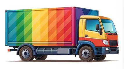 A colorful, isolated delivery truck vector illustration with a bold design, featuring a large cargo box and wheels, symbolizing quick transportation and logistics services.