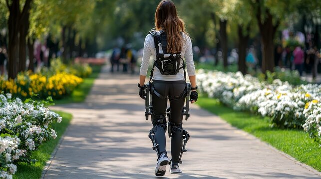 Robotic exoskeleton assisting walking in park