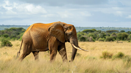 Obraz premium African Elephant in the Savanna Walking Majestically Through the Wild Landscape in Africa