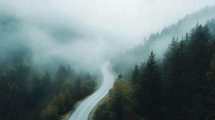 Foggy Winding Mountain Road with Peaks Shrouded in Mist and Dense Forest Along the Path. AI generated illustration