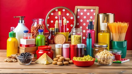 A colorful still life of various discounted products, including household items, cosmetics, and snacks, arranged on a table with a red tag sale sign.