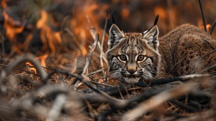 Naklejka premium A wild lynx prowls through a charred landscape, showcasing its fierce nature amidst the aftermath of a raging fire.