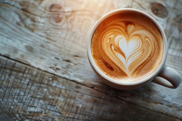 Heart-shaped Latte Art in a Cup on Rustic Wooden Table. Atmospheric coffee art for cozy vibes. Warm color tones. Perfect for food photography and cafe themes. Generative AI