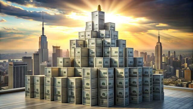 A colossal stack of $100 bills forms a towering skyscraper, symbolizing the enormous value of a trillion, against a backdrop of subtle cityscape silhouette.