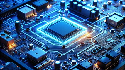 A complex electronic circuit board with various components, wires, and microchips, illuminated by a bright blue glow against a dark background.
